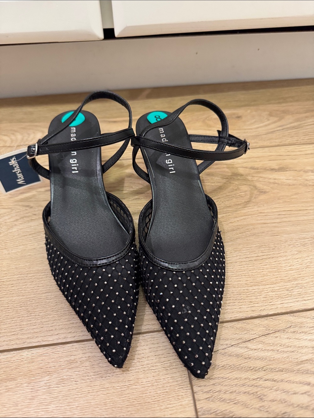 Madden Girl Black Studded Pointed Toe Ankle Strap Heels